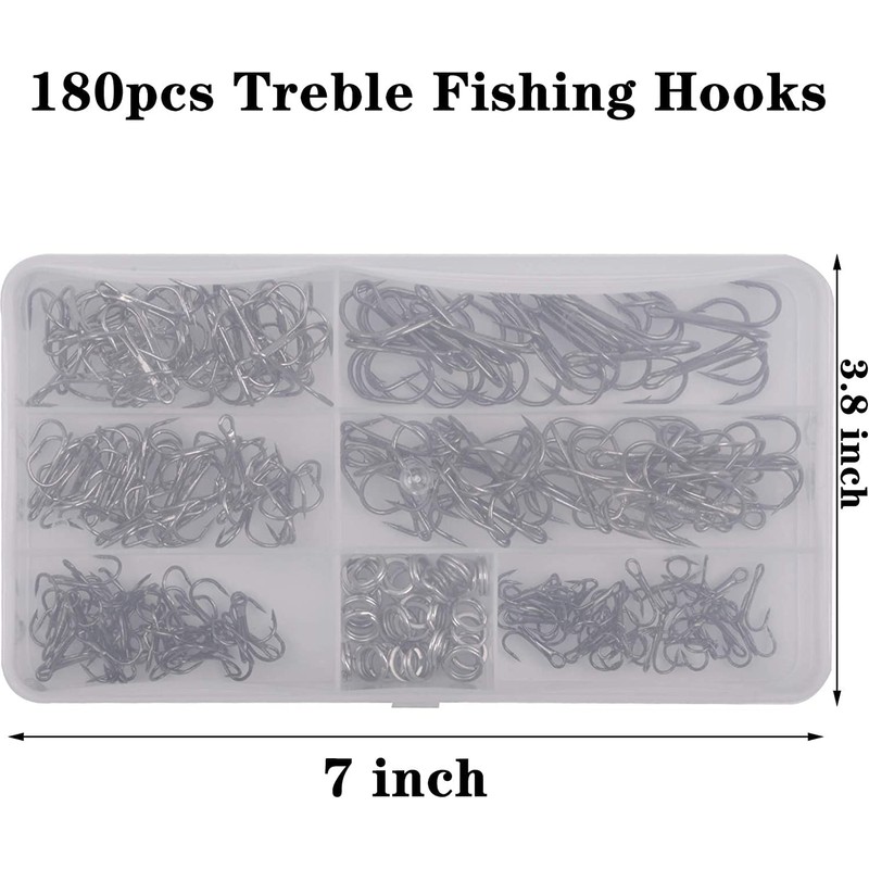 180pcs/Box Treble Fishing Hooks Sharp Round Bend Treble Hooks Strong