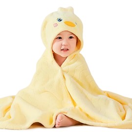 GSrenyu Kids Hooded Towel with Snap Button,80 x 120cm Large Poncho Bath Towel Yellow Duck Design for Girls,Soft Absorbent for Swimming Beach After Bath