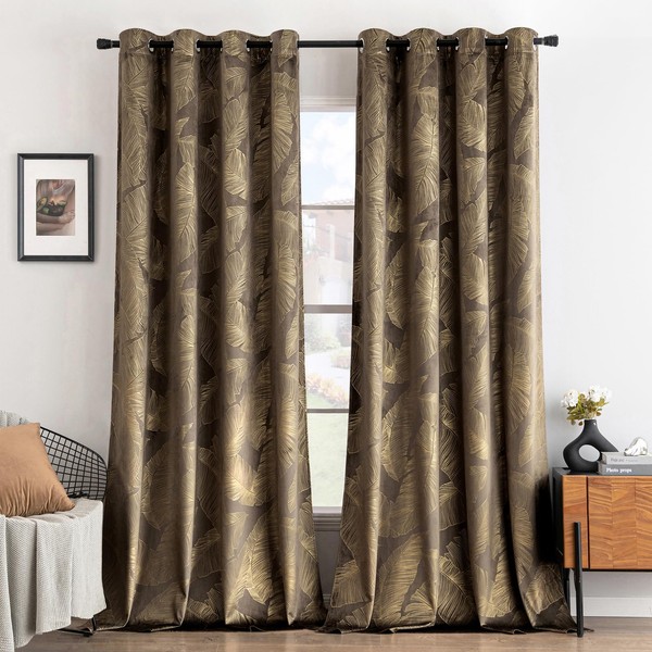 MIULEE Velvet Curtain with Gold Foil Leaves Pattern, Set of 2, Velvet Curtains Taupe with Eyelets, 2 x H 245 x W 140 cm, Thick Soft Curtains, Velvet, Opaque Velvet Curtains for Living Room Decoration