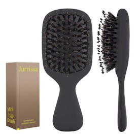 Jurrissa Mini Boar Bristles Hair Bursh, Travel Size Hair Brush for Women Men Kids, Protable Small Hair Brush for Pockets Purses, Mini Detangler Brush for Smooth Add Shine(Black)
