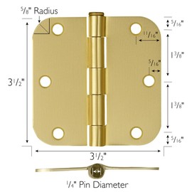 10-Pack 3.5-Inch x 3.5-Inch Interior Door Hinges with 5/8-Inch Radius, Satin Brass, Heavy Duty Steel Construction, Left- or Right-Handed – Design House, 181404
