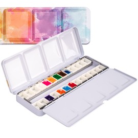 JANKOW 1PC Empty Watercolor Palette with Lid, Metal Tin Box for Watercolor Acrylic Oil DIY Travel Art Supplies, Half Pans with Fold-Out Palette, Large Mixing Area, Empty Watercolor Tin Palette (large)