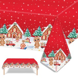 2PCS Christmas Tablecloth,137*274cm Large Red Gingerbread Man Xmas Party Table Cover,Disposable Rectangle Christmas Plastic Table Cloth for Christmas Party,Winter Holiday,Christmas Table Decorations