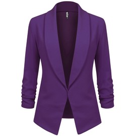 LL WSK2324 Women 3/4 Sleeve Blazer Open Front Cardigan Jacket Work Office Blazer L Purple