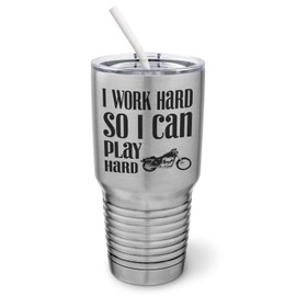 PixiDoodle Work Hard Play Hard Motorcycle Tumbler with Spill-Resistant Slider Lid and Silicone Straw (30 oz Tumbler, Silver)