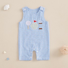 Geogenry - Traje de golf para bebé, cuello redondo, sin mangas, bordado de golf, estampado a cuadros, overol de verano, Azul-cielo, 3-6 Meses