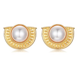 FOXNOV Gold Earrings for Women Hypoallergenic 14K Real Gold Plated Pearl Stud Earrings Lightweight 925 sterling silver Post, Semi-Circle Design, Vintage Style, Earrings for Women Trendy