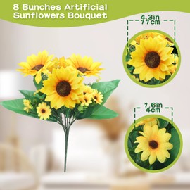 8 Packs Artificial Sunflowers with Stems Silk Fake Sunflowers Bouquet Plastic Silk Sunflowers Bulk Yellow Wedding Faux Flower Bunches for Wedding Party Decoration Vase Home (Vivid Style)