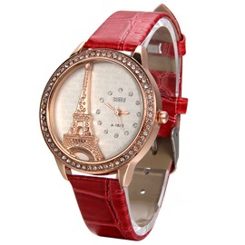 JewelryWe Bling Rhinestone Accented Eiffel Tower Red Leather Watch Ladies Women Watches