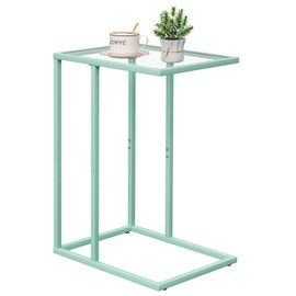 Easy Paws C Shaped Table,Glass Side End Table for Sofa,Tempered Glass Snack Couch Dinner Tv Tray Table with Metal Frame,Small Bedside Nightstand Table for Small Space(Green)
