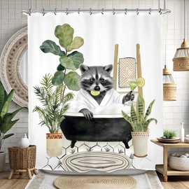 Kalmico Funny Raccoon Animal Shower Curtain 60Wx72L Inch Hilarious Gray Wildlife Plant Bathroom Set Accessories Decor with 12 Pack Hooks