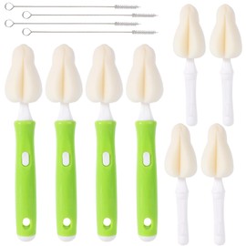 12pcs Sponge Nipple Bottle Brushes Set, Includes Bottle Nipple Cleaners with Replacement Brush Heads & Straw Brushes for Cleaning Baby Food Feeders Cu