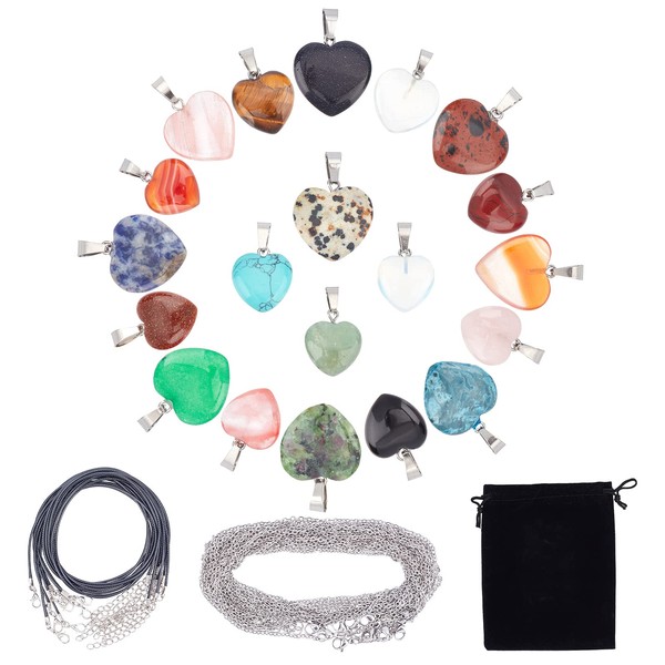 SUNNYCLUE 20 Styles Heart Stone Charm Set Natural Energy Healing Crystal Mixed Stone Pendant Chakra Gemstone Beads Rose Quartz Tiger's Eye with Waxed Cord Chains for Jewellery Making