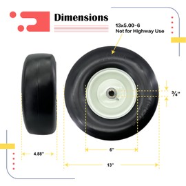 2-Pack 13x5.00-6 Front Tire and Wheel Assembly For Riding Lawnmower with 3"-6"Centered Hub,3/4'' or 5/8''Sintered iron Bushing.Turf Tread. (13 x 5.00-6 Flat Free,Smooth Tread)