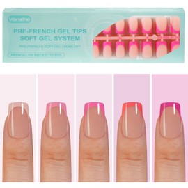 150Pcs French Gel Nail Tips, Vansiho Short Square Nail Tips, Pink Pre-French Tips Press on Nails, Soak Off Soft Gel Acrylic Fake Nails for Nail Art DIY 15 Sizes