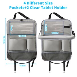 Etre Jeune Car Backseat Organizer with Tablet Holder, 6 Storage Pockets Foldable Table Food Tray Seat Back Protectors Kick Mats Travel Accessories, 2 Pack Grey