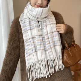 Boniyeah Women's Plaid Pashmina Shawl Wrap - Long Soft Warm Winter Scarf with Tassels for Ladies (White)