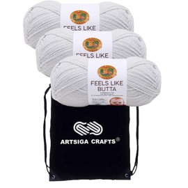 Lion Brand Feels Like Butta Pale Grey 215-149 (3-Skeins - Same Dye Lot) Worsted Medium #4 Polyester Yarn for Crocheting and Knitting with Project Bag