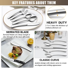 LIANYU 53-Piece Heavy Duty Silverware Set for 8, Plus Serving Utensils and Steak Knives, Stainless Steel Cutlery Flatware Set, Heavy Weight Eating Utensils for Home Wedding, Dishwasher Safe