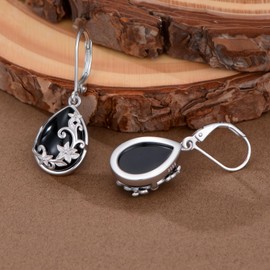 KoyeKei Black Onyx Earrings for Women 925 Sterling Silver Filigree Black Onyx Dangle Drop Earrings Teardrop Leverback Jewelry Gift for Girlfriend Wife Mom
