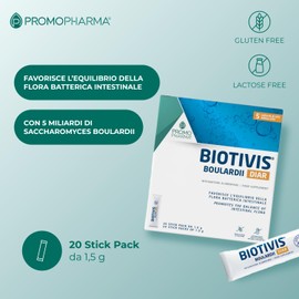 Biotivis Diar – con 5 Miliardi di Saccharomyces Boulardii - per l’Equilibrio della Flora Batterica Intestinale - Tratta Diarrea - Senza Glutine - Senza Lattosio - 20 Stick da 1,5 g
