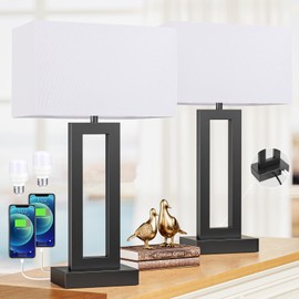 22" Tall Modern Living Room Lamps - Touch Bedside Lamps with USB C+A, 3 Way Dimmable for Bedroom End Tables Set of 2 (White & Black)
