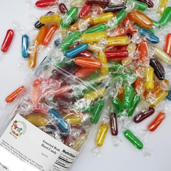 Assorted Rods Hard Candy Mix Fruit Flavor Cherry, Apple, Butterscotch, Peppermint, Tangerine, Strawberry, Pineapple, Licorice and Lemon 1 LB