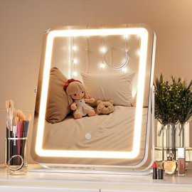 Hasipu Makeup Vanity Mirror with Lights, 12" L x 14" W LED Tabletop Make up Mirror for Desk, Lighting & Brightness Adjustment, 360°Rotation, 10x Magnification