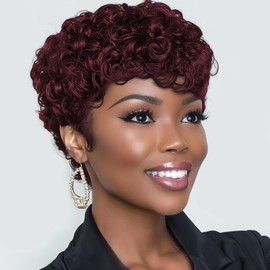 BOBCOO Short Pixie Wigs For Black Women Natural Black Pixie Cut Wigs Short Curly African American Wigs For Black Women Short Wavy Synthetic Hair Wig With Bangs Perm For Black Women (Red)