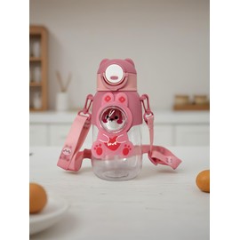 Cute Cartoon Water Bottle with Straw, Leak-Proof Design, Hand Washable, Shoulder Strap (PINK)