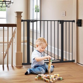 COMOMY 30" Tall Baby Gate for Stairs Doorways, Fits Openings 29.5" to 43.3" Wide, Auto Close Extra Wide Dog Gate for House, Pressure Mounted Easy Walk Through Pet Gate with Door, Black