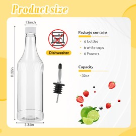 Dandat 6 Pack 32 oz Plastic Long Neck Bottles with 6 Pourer and Caps Plastic Juice Pour Bottles with Stainless Steel Bottle Pourer Tapered Spout for Liquor(Silver Bottle Pourer)