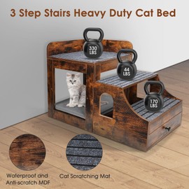 SEPTBOT Cat Window Perch with Removable Stairs, Large Pet Bunk Bed with Drawer and Cushion for Cats and Dogs, Strong Frame Pet Bed for Bedside, Home, Indoor, Rustic Brown