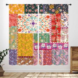 Boho Patchwork Curtains,Spring Colorful Wildflower Farmhouse Bohemian Country Retro Floral Rural Cottage Bedroom Living Room Kitchen Window Treatment Curtains 21" W x 63" L,2 Panel Set
