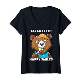 Womens Funny Bear Dentist Comic Children's Toothbrush Teeth Cleaning V-Neck T-Shirt