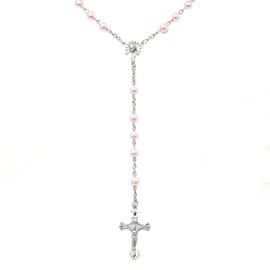 Catholic Rosary Necklace for Women Simulated Pearls Prayer Beads Classic Solid Hue Elegant Minimalist Design Spiritual Jewelry Devotional Keepsake Gift for Her Adjustable Chain, Universal size, Brass