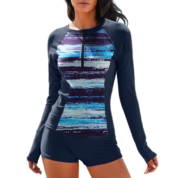 MISSVOG Women Two Piece Rash Guard Long Sleeve Half-Zipper UPF