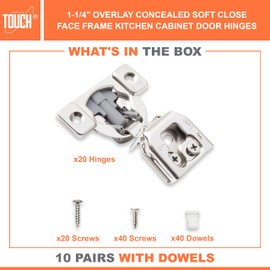 TOUCH Cabinet Hinges (10 Pairs, 20 PCS) Face Frame Cupboard Door Soft Close Hinges 1-1/4" Inch Overlay Concealed Compact Hinges for Kitchen Cabinet 3D Adjustable with Dowels