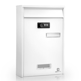 KINGCEPHAS Outside Wall-Mounted Mailbox with Combination Lock, Suggestion Box, Square & Upright Capacity, Waterproof Postbox, High Rust Resistance Letterbox, Metal Code Lock, 8.5” x 3” x 12.4” (White)