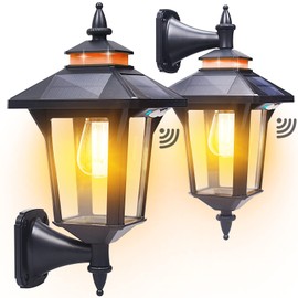 Kuniwa Motion Sensor Solar Wall Lights Outdoor with 3 Modes, Dusk to Dawn LED Wall Lantern Waterproof Front Porch Sconce Exterior for Patio Garage Garden Barn Yard House, 2 Types of Wall Mount, 2 Pack