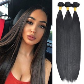 Yamel Synthetic Hair Bundles Straight 16 Inch 3 Bundles Total 210 Grams Soft Natural Black Hair Weft