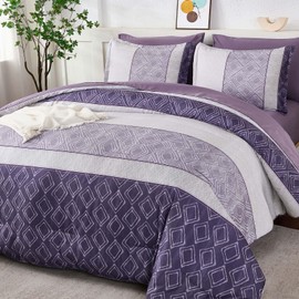 Dinjoy Boho Queen Comforter Set Purple,7 Piece Bed in a Bag Queen Size Breathable Summer Bedding Sets Plaid Striped Comforters Bed Set with Sheets for Family All Season