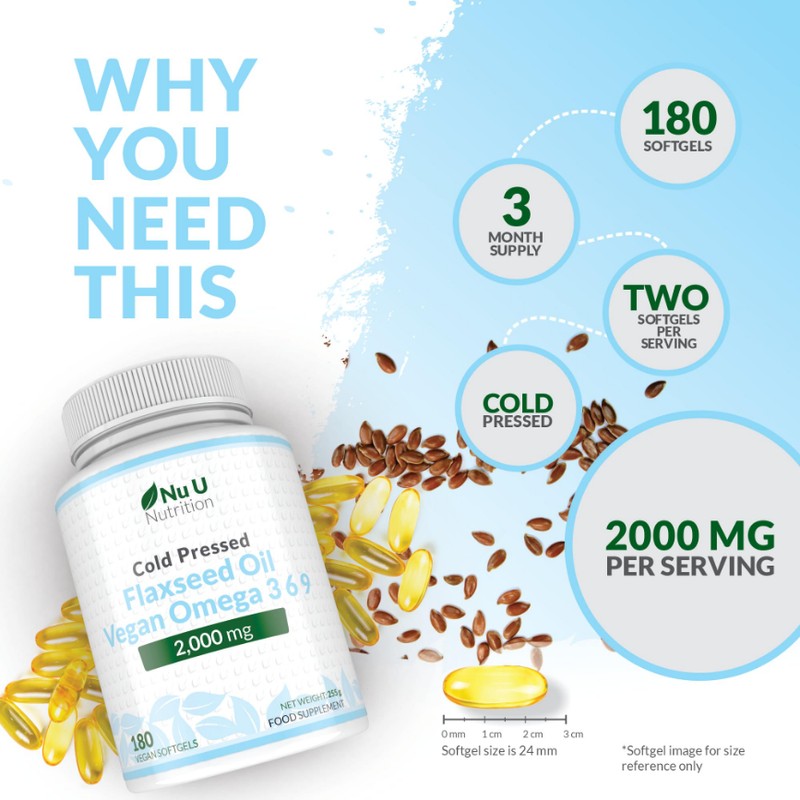 Vegan Flaxseed Oil 2000mg - 180 Softgel Capsules - Cold
