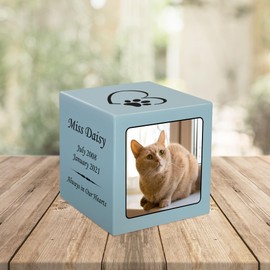 Mainely Urns Stonewood Custom Pet Photo Cremation Urn Cube for Pet Ashes - Composite Wood Pet Urn for Dog Ashes or Cat Ashes - 15 Cubic Inch Capacity - Customization Included
