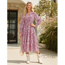 GRACE KARIN 2025 Women's Summer Floral Midi Dress Boho Long Sleeve V Neck Ruffle Casual A Line Flowy Dresses with Pocket Pink Floral XL