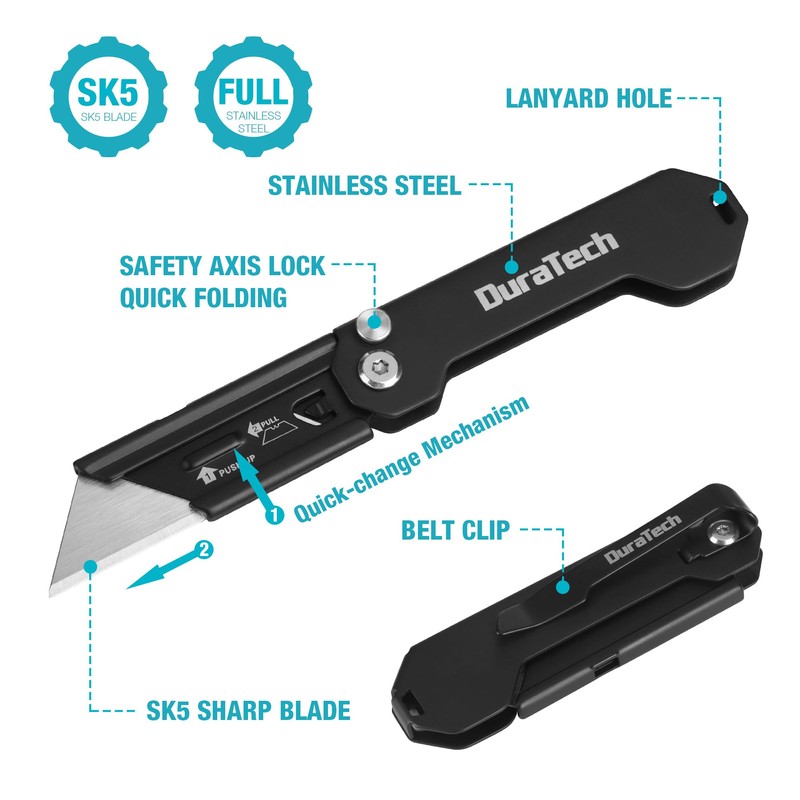 DURATECH 2-Pack Folding Utility Knife, Mini Box Cutter with Safety