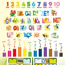 DECOWALL SG3-2316 Alphabet Numbers Colored Pencils Wall Stickers Decor Kindergarten Nursery Kids Room DIY Wall Decal Sticker Wall Art Stickers Boys Girls Children Bathroom Decoration Vinyl Bedroom Teen Kids Wallpaper Wallpaper Furniture Room Processing I