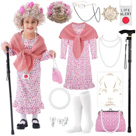 VillbeCoser 100 Days of School Old Lady Costume Set Grandma Dress Up Cosplay Accessories for Girls 13PCS PinkRose M