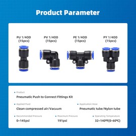 CGELE 60Pcs Quick Connect Air Hose Fittings 1/4 inch OD 15 Spliters,15 Elbows,15 tee,15 Straight Quick Release Pneumatic Push to Connect Fittings Kit Air Line Fittings for 1/4 inch Tube