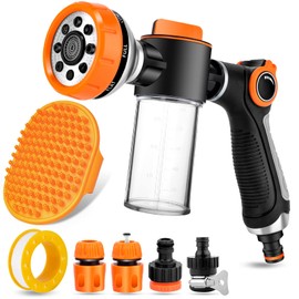 8 in 1 Garden Hose Nozzle Sprayer, Upgrade Pup Jet Dog Wash with 3.5OZ/100CC Soap Dispenser Bottle and Dog Shower Brush, Ideal for Watering Flowers, Car Washing, Dog and Horse Bathing